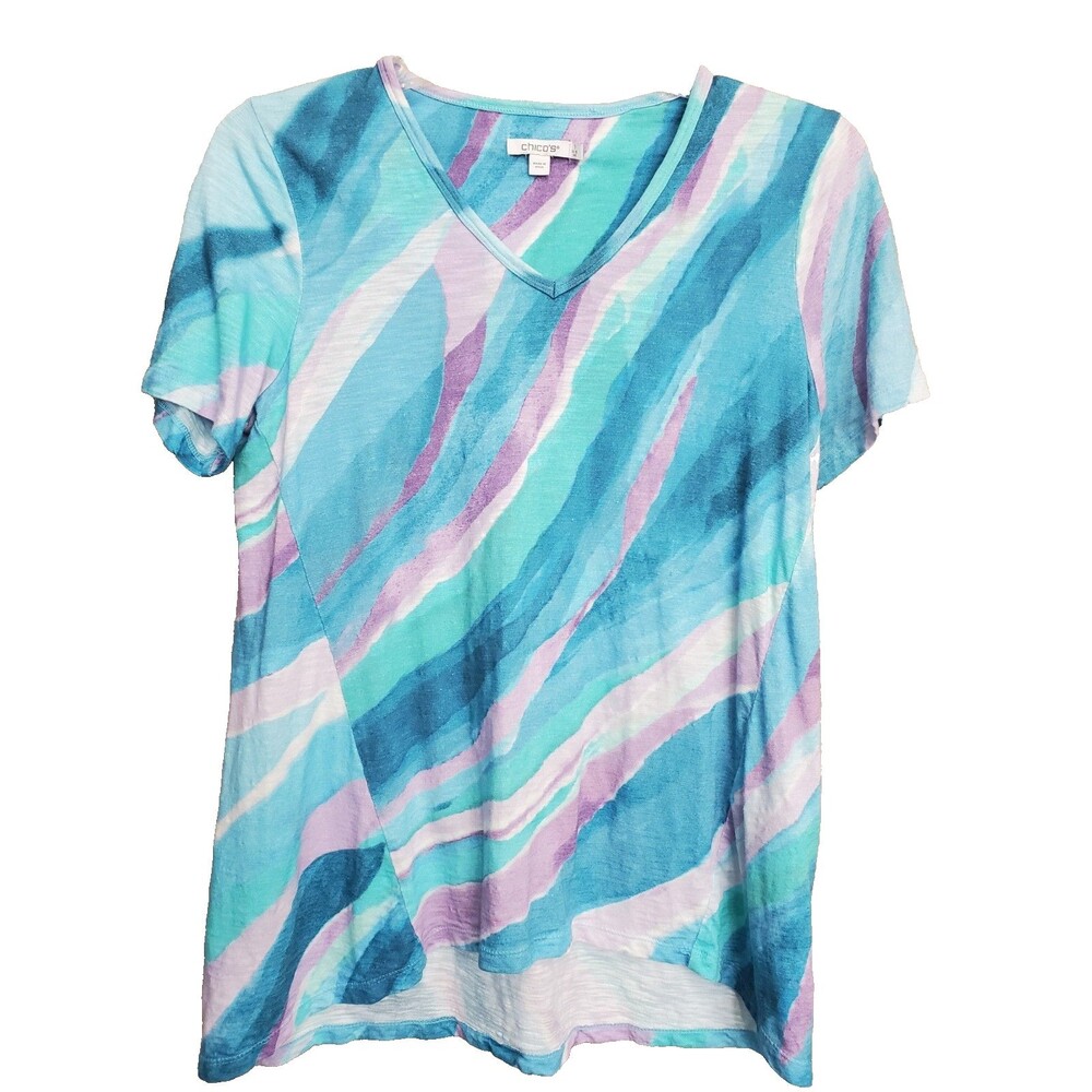 Chico's Slub Knit Sea Print Short Sleeve Forward-Seam V-Neck T-Shirt Size 1 MED